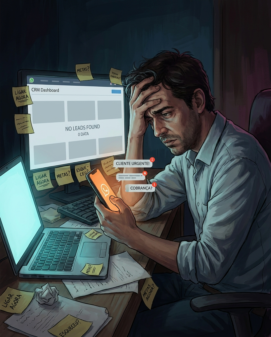 Vendedor sobrecarregado com WhatsApp + CRM + post-its